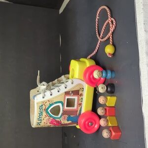 Vintage 1960's Playskool Wooden Old Woman Who Lived In A Shoe with Children Pull
